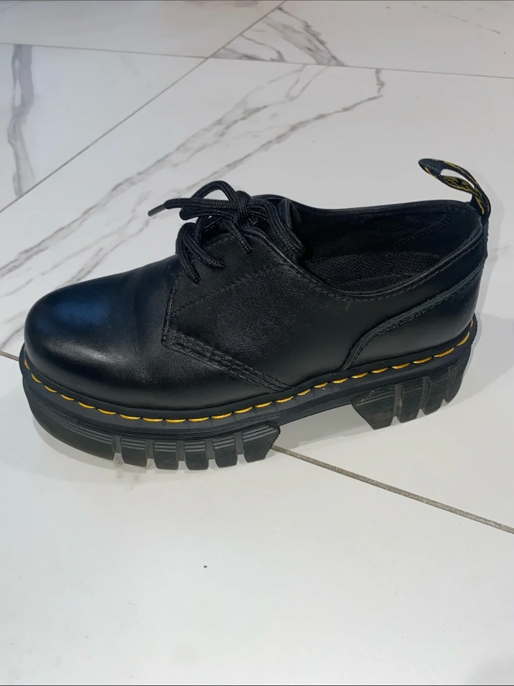 Dr. Martens Black Leather Chunky Platform Lace-Up Shoes with Yellow Stitching